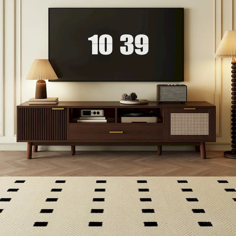 Dark Brown Solid Wood TV Stand for 75 TVsTV Console with Soft-Closing Door and Drop-Down Door Cabinet