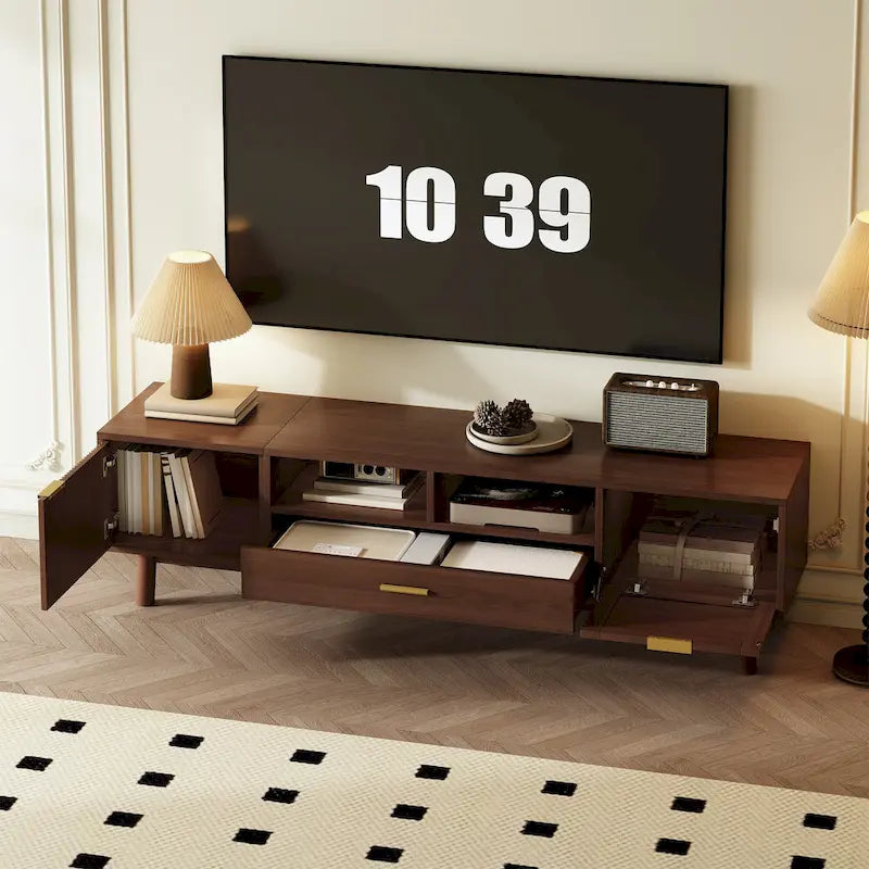 Tmavě hnědý TV stolek z masivního dřeva pro 75" TV, TV konzola s dvířky s tichým dovíráním a sklopnými dvířky