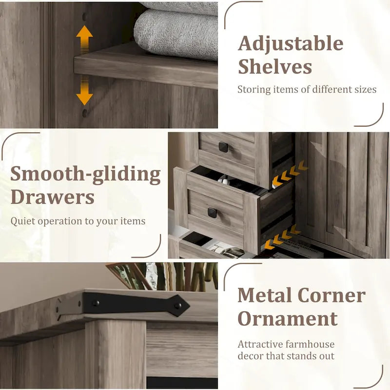 Farmhouse 5 Drawer Dresser for Bedroom, 48 Tall Wood Dresser Chest of Drawer with Sliding Barn Door