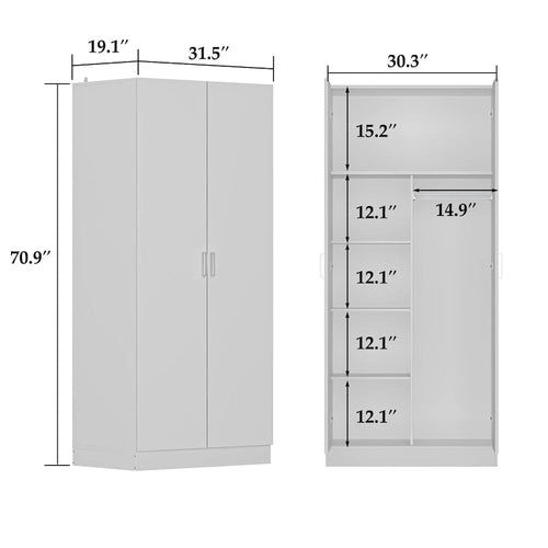 Šatní skříň s 5 policemi, 2 dvířky a šatní tyčí – 80 x 40 x 180 cm