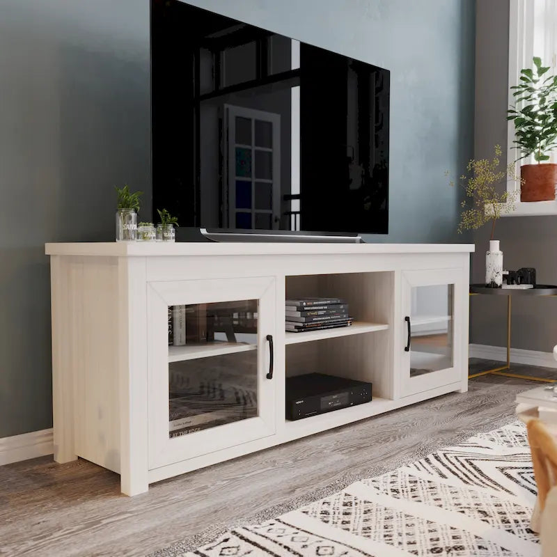 Klasický televizní stolek pro televize do 80 palců – Dvířka se skleněnou přední stranou – Moderní provedení – 65Š x 16H x 23,625V