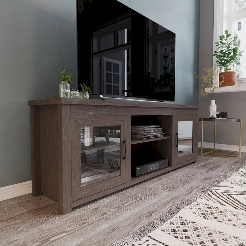 Klasický televizní stolek pro televize do 80 palců – Dvířka se skleněnou přední stranou – Moderní provedení – 65Š x 16H x 23,625V