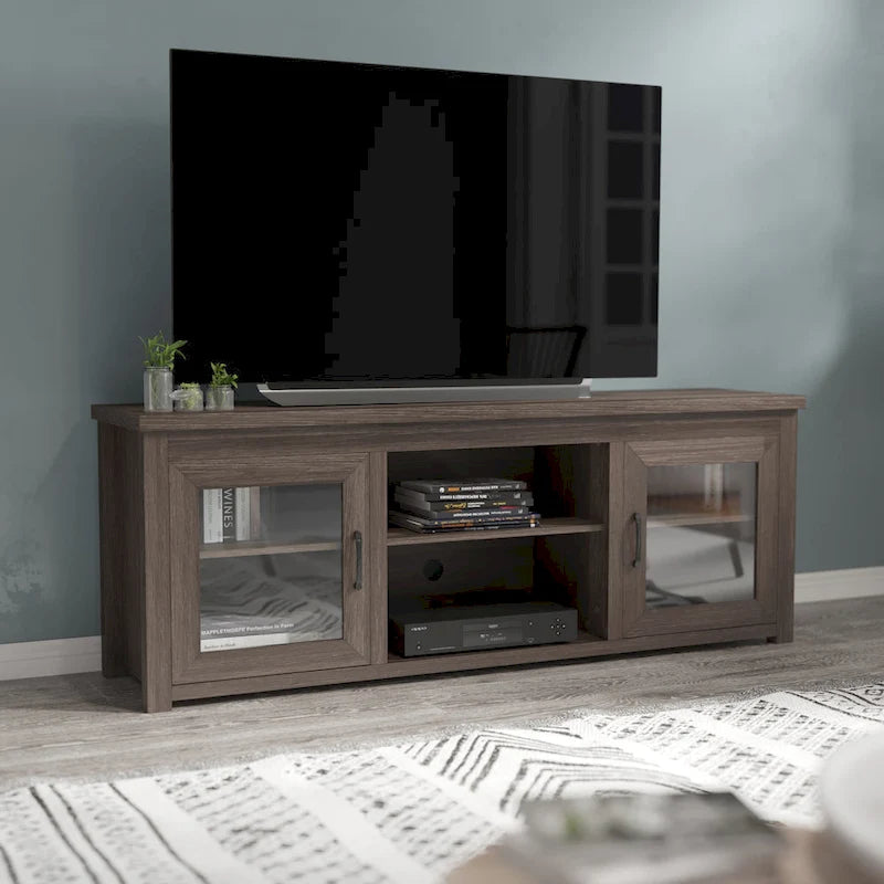 Klasický televizní stolek pro televize do 80 palců – Dvířka se skleněnou přední stranou – Moderní provedení – 65Š x 16H x 23,625V