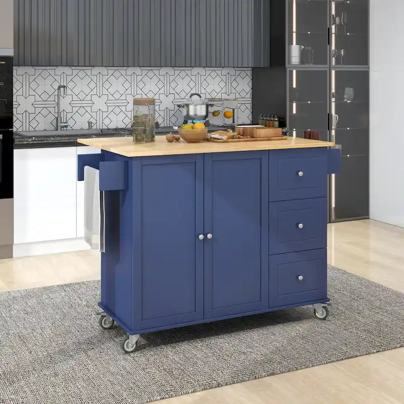Bílý pojízdný kuchyňský ostrůvek s masivní dřevěnou deskou, uzamykatelnými kolečky, úložným prostorem a dalšími prvky