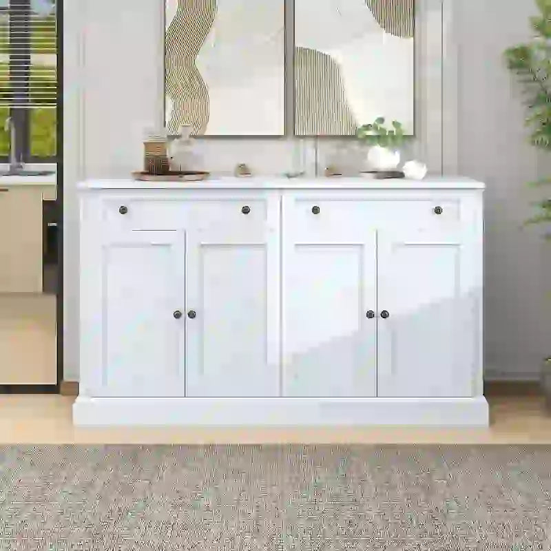 Kuchyňská skříňka s úložným prostorem, 2 zásuvkami a 4 dvířky, nastavitelnými policemi pro jídelnu, obývací pokoj (bílá)