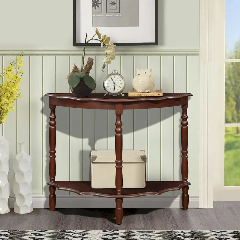 Retro konzolový stolek ve tvaru půlměsíce s otevřenou policí