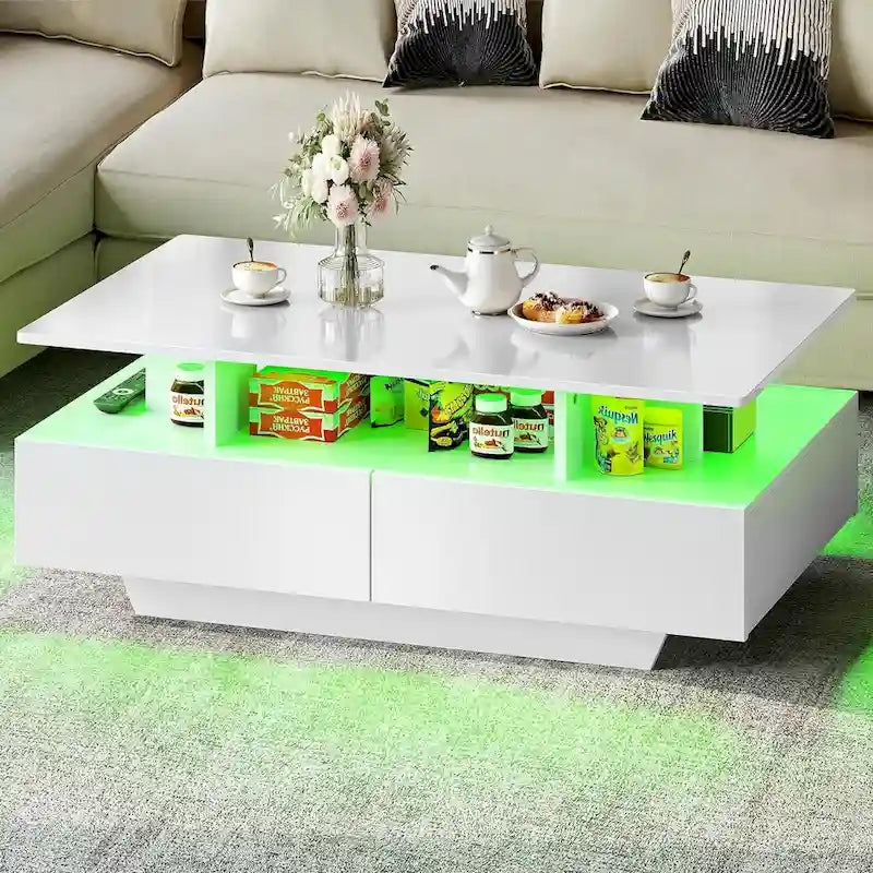 Moderní lesklý konferenční stolek se zásuvkami a LED osvětlením do obývacího pokoje