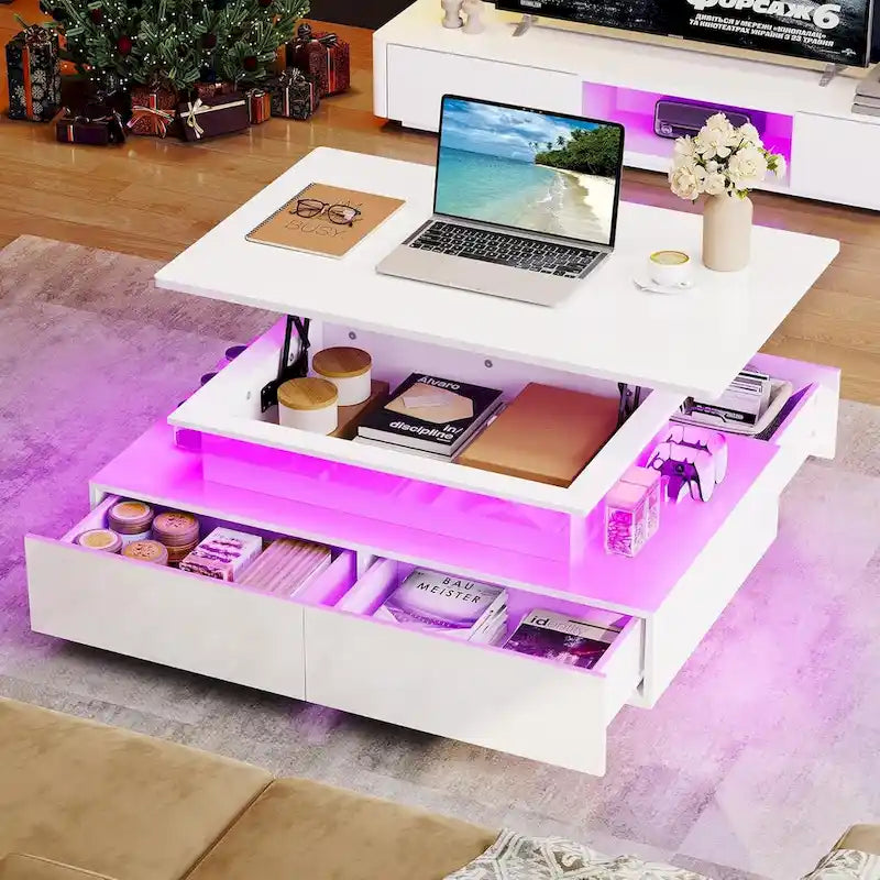 Moderní lesklý konferenční stolek se zásuvkami a LED osvětlením do obývacího pokoje