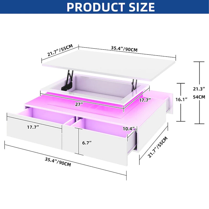 Moderní lesklý konferenční stolek se zásuvkami a LED osvětlením do obývacího pokoje
