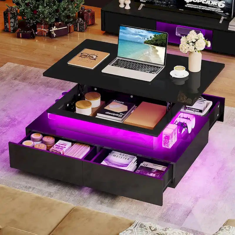Moderní lesklý konferenční stolek se zásuvkami a LED osvětlením do obývacího pokoje